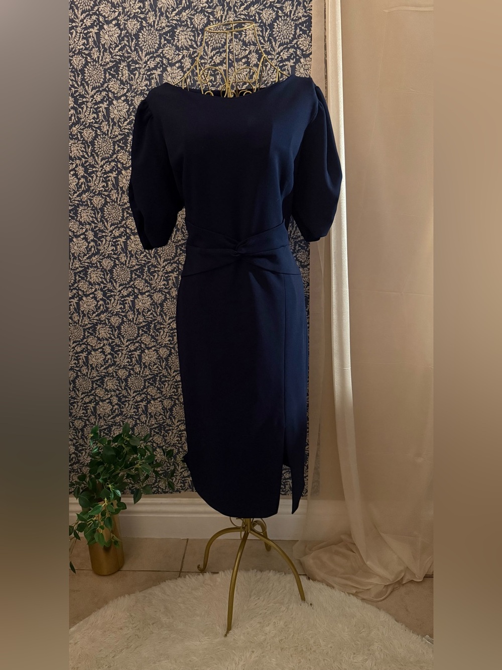 DKNY Navy Puff Sleeve Twist-Waist Midi Dress Size 12
